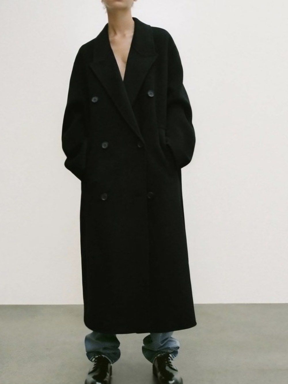 Zara Black Double-Breasted Long Pea Coat-Size:XL
